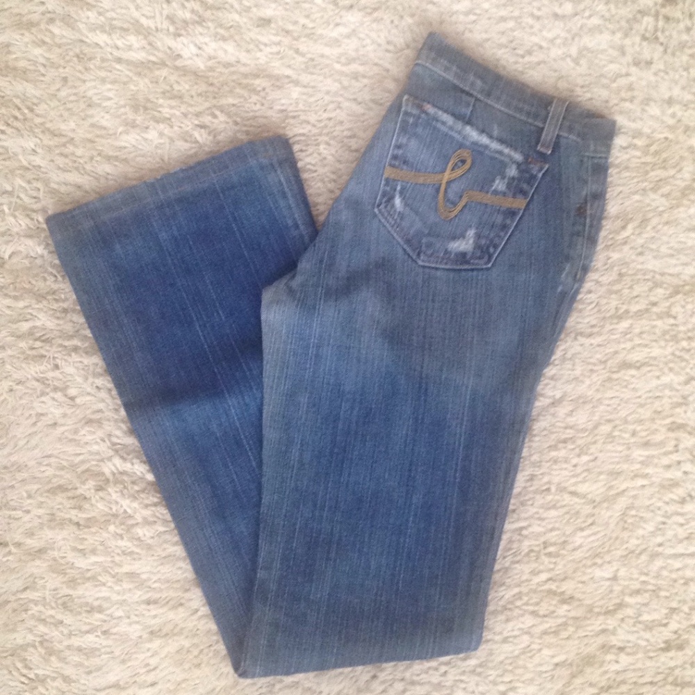 y2k bebe logo medium wash low rise bootcut flare distressed jeans